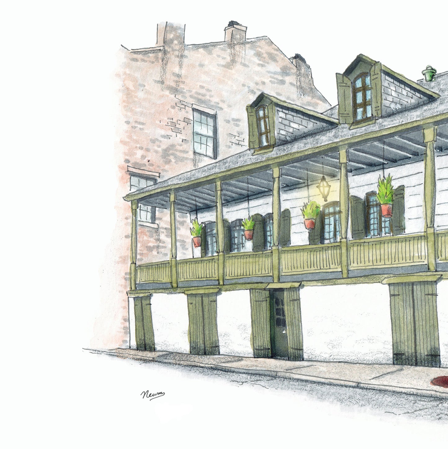 A detail photo of the Madame John's Legacy art print. The 19th century home turned museum located in the French Quarter of New Orleans known as Madame John's Legacy is painted in a line and wash illustration style. The perspective I that of being slightly upstream from the building. The building is off white with green accents on the shutters, basement doors and gates, banisters, and posts. A shingled roof features 2 dormers. The left side of the house shows a chimney and is painted oxblood red.
