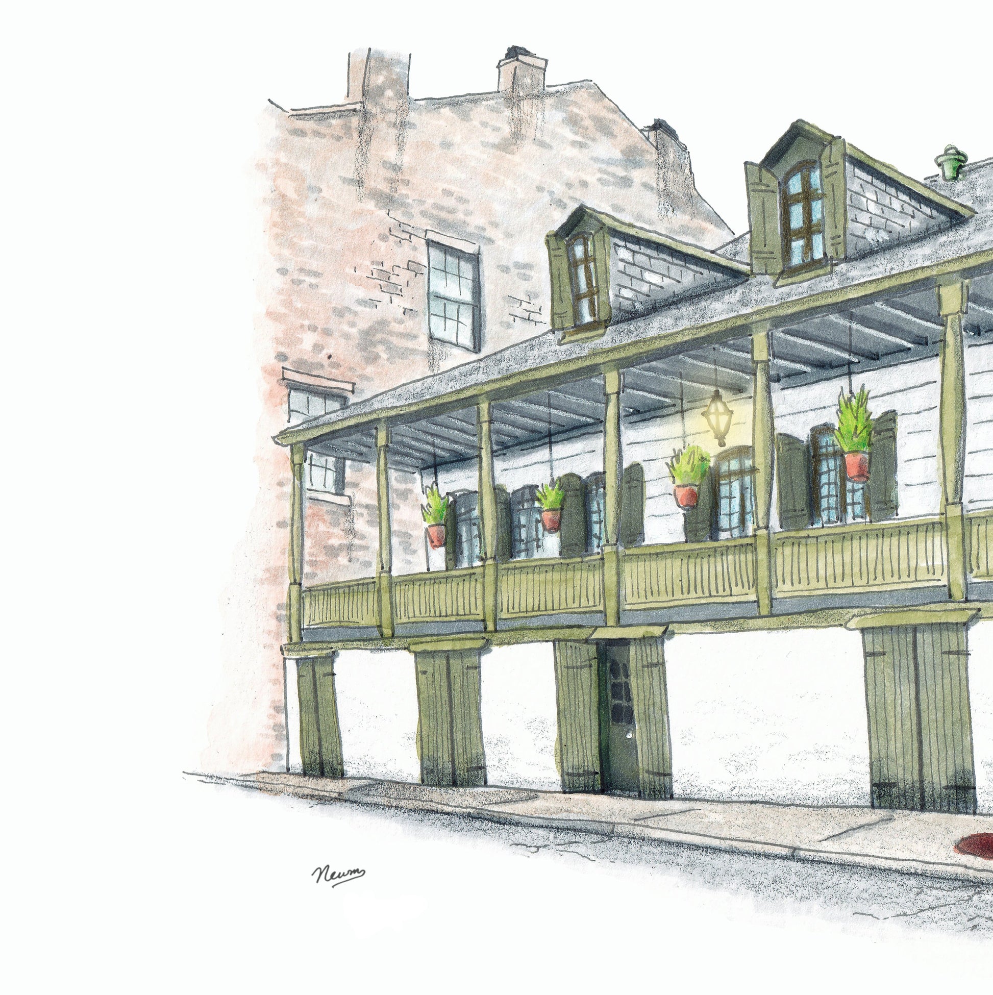 A detail photo of the Madame John's Legacy art print. The 19th century home turned museum located in the French Quarter of New Orleans known as Madame John's Legacy is painted in a line and wash illustration style. The perspective I that of being slightly upstream from the building. The building is off white with green accents on the shutters, basement doors and gates, banisters, and posts. A shingled roof features 2 dormers. The left side of the house shows a chimney and is painted oxblood red.