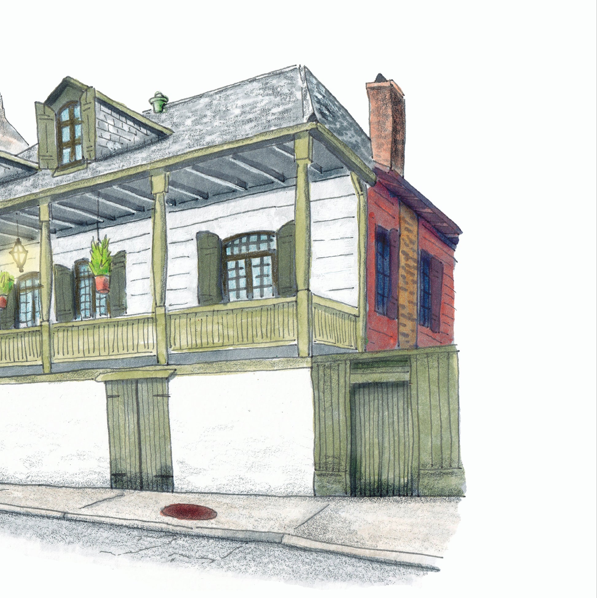 A detail photo of the Madame John's Legacy art print. The 19th century home turned museum located in the French Quarter of New Orleans known as Madame John's Legacy is painted in a line and wash illustration style. The perspective I that of being slightly upstream from the building. The building is off white with green accents on the shutters, basement doors and gates, banisters, and posts. A shingled roof features 2 dormers. The left side of the house shows a chimney and is painted oxblood red.
