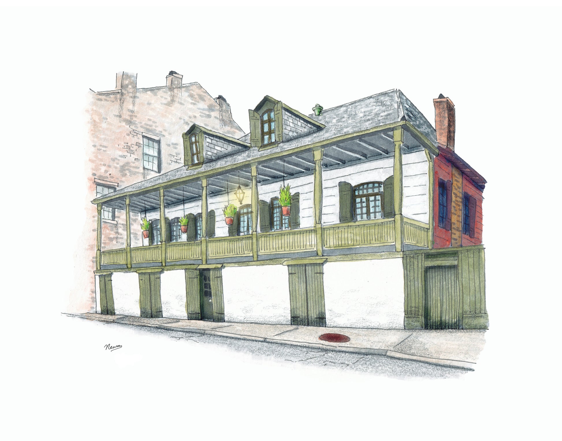 A product photo of the Madame John's Legacy art print. The 19th century home turned museum located in the French Quarter of New Orleans known as Madame John's Legacy is painted in a line and wash illustration style. The perspective I that of being slightly upstream from the building. The building is off white with green accents on the shutters, basement doors and gates, banisters, and posts. A shingled roof features 2 dormers. The left side of the house shows a chimney and is painted oxblood red.