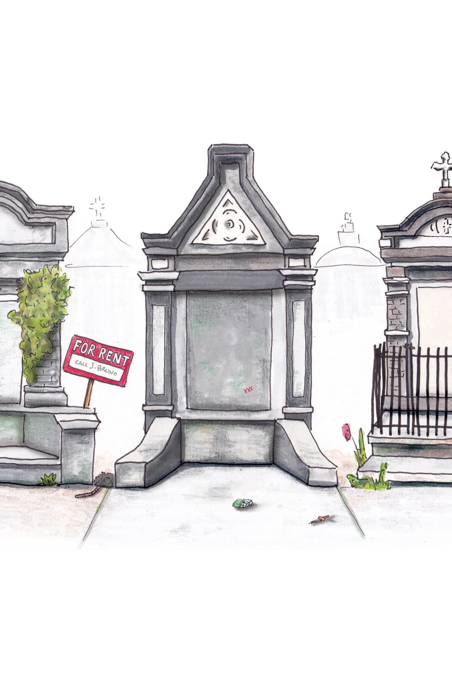 A detail photo of the New Orleans Tombs art print. Three mausoleums colored different shades of gray sit in a row on a white background with trash littered on the sidewalk. The mausoleum to the left features a vine growth and a "FOR RENT" sign with the contact name J. Bruno, an infamous New Orleans slumlord. 