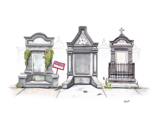 A product photo of the original art for the New Orleans Tombs piece. Three ornate graves in a cemetery with a 'For Rent' sign on one of them that reads "Call J. Bruno" 