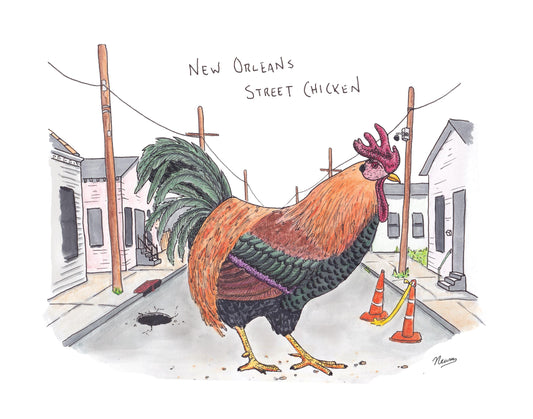 A product photo of the Nola Street Chicken art print. A classic New Orleans NPC, the street chicken, is depicted standing in the middle of a street with houses and power lines on either side. Several cones and a large hole are on the street as well. The chicken is red, pink, orange, green, and purple resembling a common rooster.