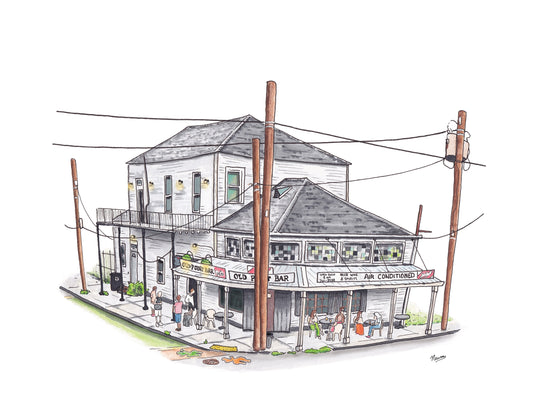 A product photo of the Old Point Bar art print. A very old and weather 2 story building houses a bar on the levee in Algiers Point, New Orleans. Patrons sit outside on the sidewalks enjoying beverages and the music that emanates from inside. Faded old stained glass characterizes the facade just above the old overhang that supports the signage that reads "OLD POINT BAR: OPEN DAILY 8 A.M.: BEER WINE SPIRITS: AIR CONDITIONED" The signage includes old Schlitz branding.