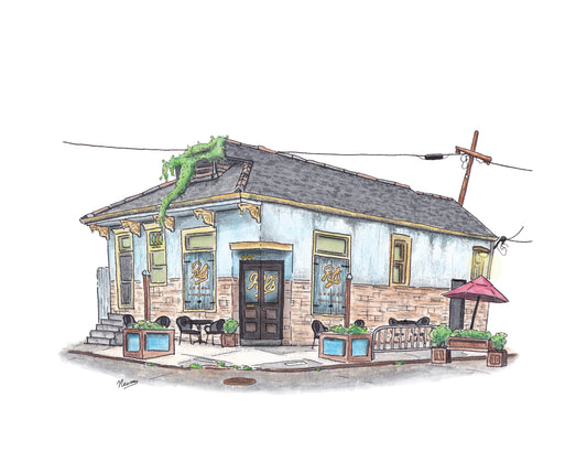A product photo of the art print "Pal's Lounge" We look at a light blue building with gold trim that looks like a New Orleans home. But this is the iconic Pal's Lounge in the Bayou St. John neighborhood of Mid-City New Orleans. The building shows texture from weathering drips from gutters on the light blue paint. The corner store door feature "Pal's" written in script across the windows of the two doors and shutters of the windows on either side. A vine grows out of a dormer on the roof.