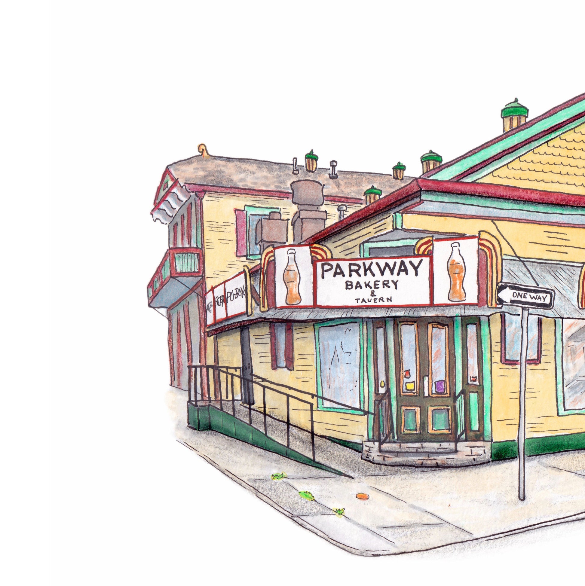 A detail photo of the Parkway Bakery art print. A Classic New Orleans style yellow building with red and blue green trim floats with a 2 point perspective on a white background. The building features corner store doors, ornamental roof fixtures, and red & gold signage saying "PARKWAY BAKERY & TAVERN" as well as "GOOD FOOD" and "COCKTAILS."