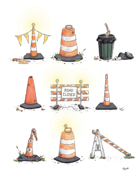 A product photo of the Real Cones of New Orleans art print. An assortment of traffic & construction cones found throughout the city of New Orleans on its ever collapsing streets.
