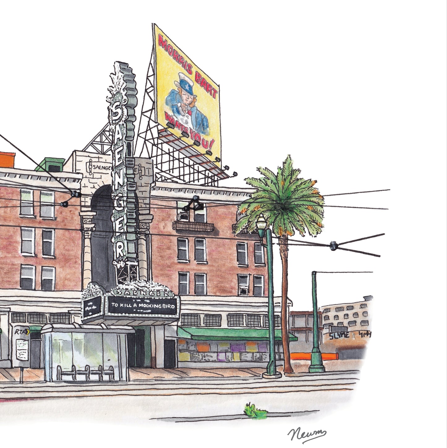 A detail photo of the Saenger Theater art print. The Saenger Theater sits just beyond the streetcar line shown in this piece on Canal Street in downtown New Orleans. The Saenger sign that lights the street every night is prominently shown in the center. A billboard on top of the theater facing down Canal shows a novelty Morris Bart (local injury lawyer) ad in which he depicts Uncle Sam saying "I want you". "To Kill a Mocking Bird" is on the marquee.