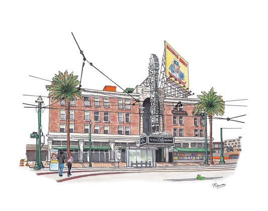 A product photo of the Saenger Theater art print. The Saenger Theater sits just beyond the streetcar line shown in this piece on Canal Street in downtown New Orleans. The Saenger sign that lights the street every night is prominently shown in the center. A billboard on top of the theater facing down Canal shows a novelty Morris Bart (local injury lawyer) ad in which he depicts Uncle Sam saying "I want you". "To Kill a Mocking Bird" is on the marquee.