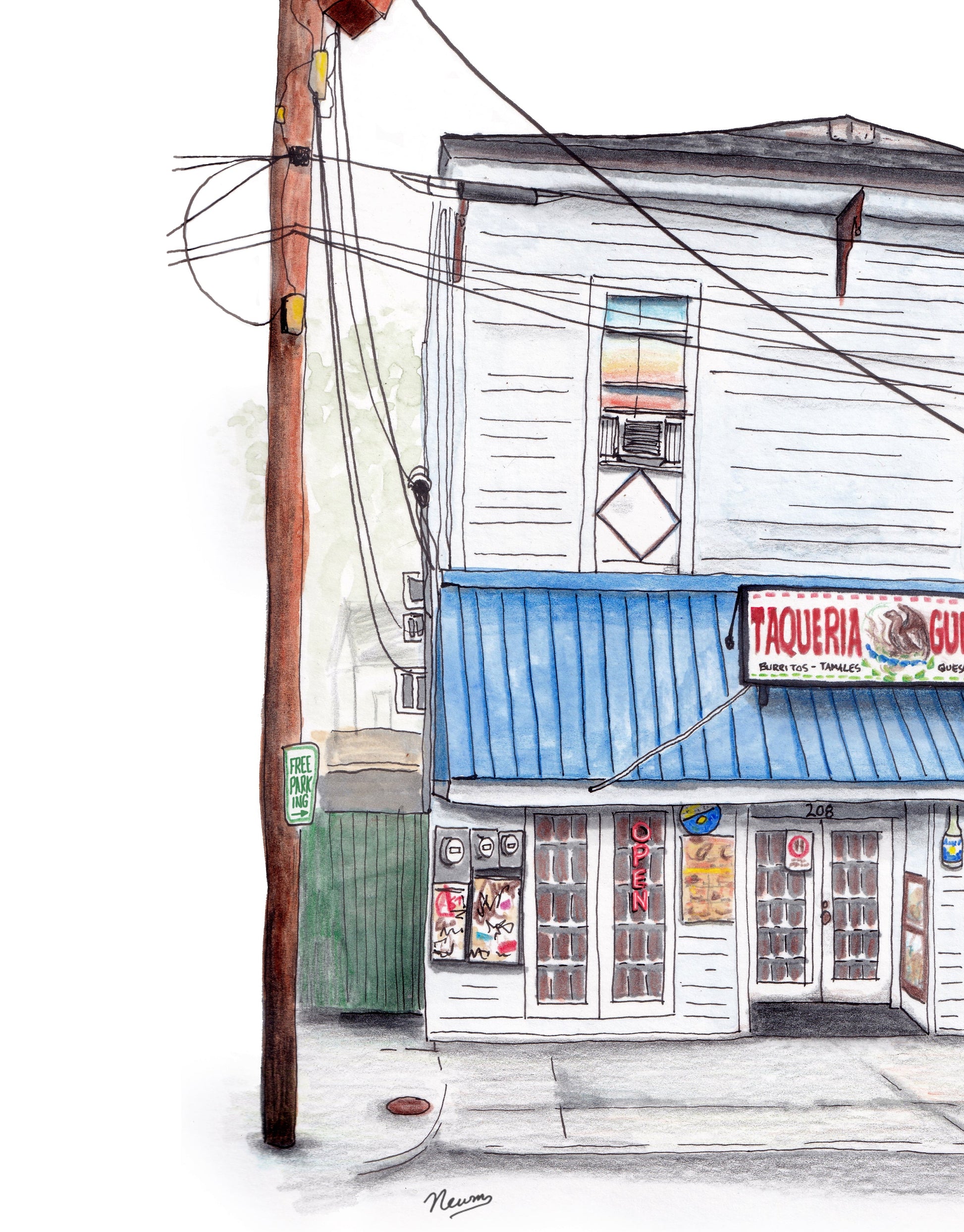 A detail of the Taqueria Guerrero art print on a white background