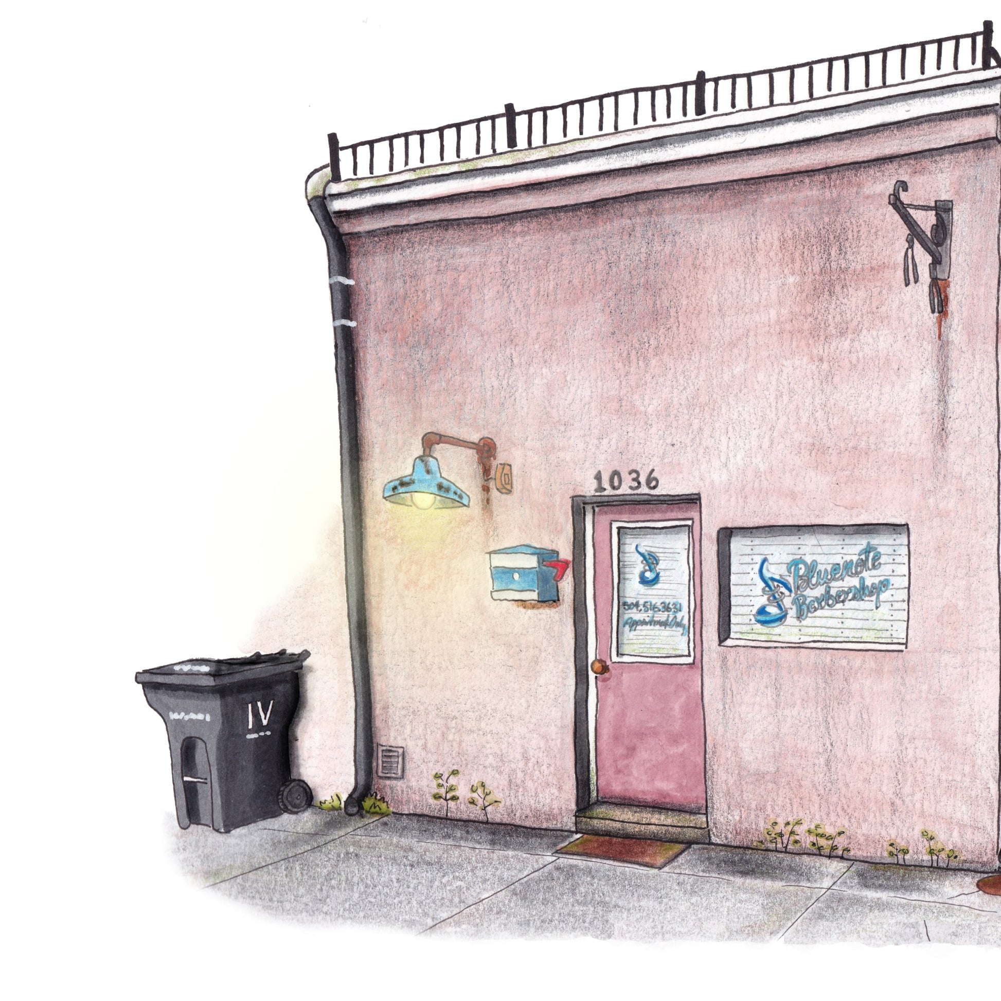 Illustration of a small building with a pink door and green fence on a white background