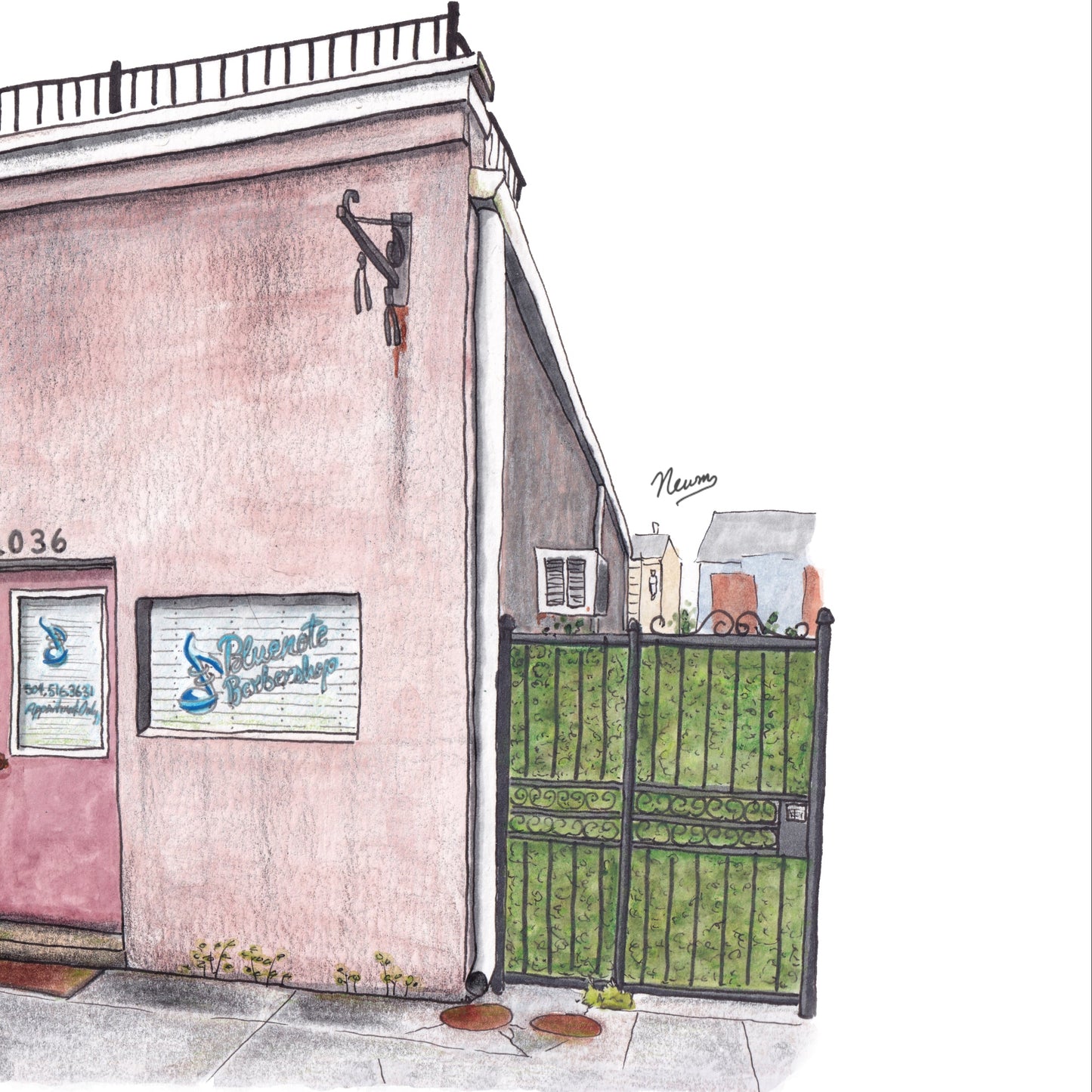 Illustration of a small building with a pink door and green fence on a white background