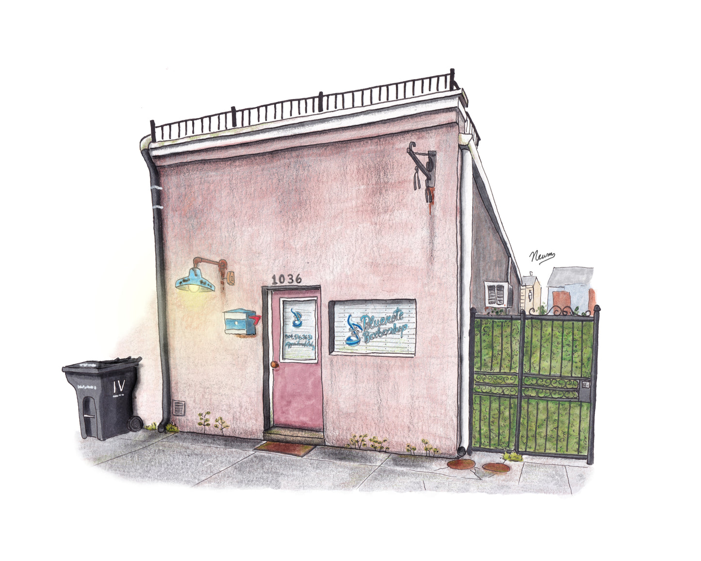 Illustration of a small building with a pink door and green fence on a white background