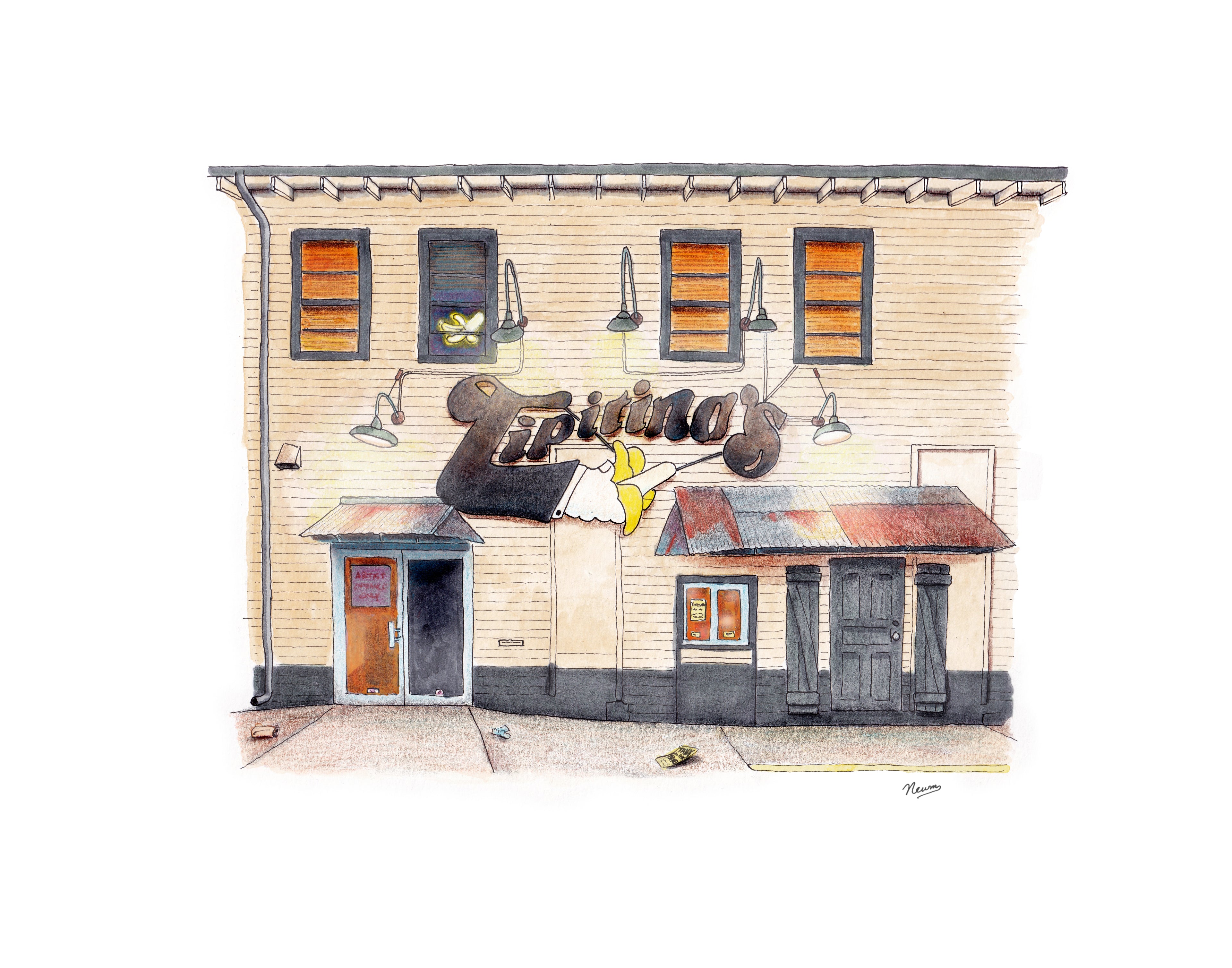 Illustration of Tipitina's in Uptown New Orleans building facade with the famous signage and glowing lights on a white background
